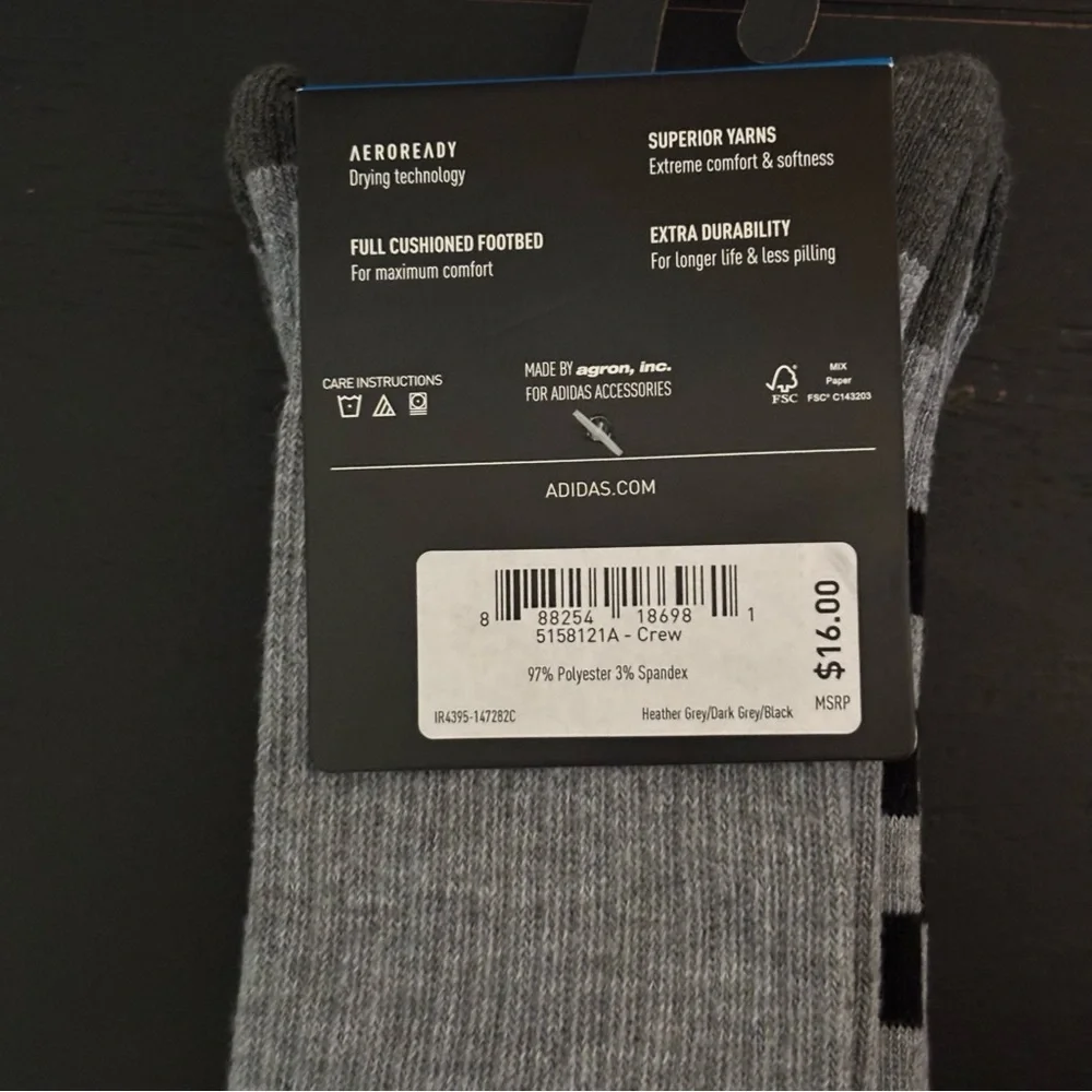 Adidas Men’s Cushioned 3 Pair Heather Grey‎ Crew Socks NEW